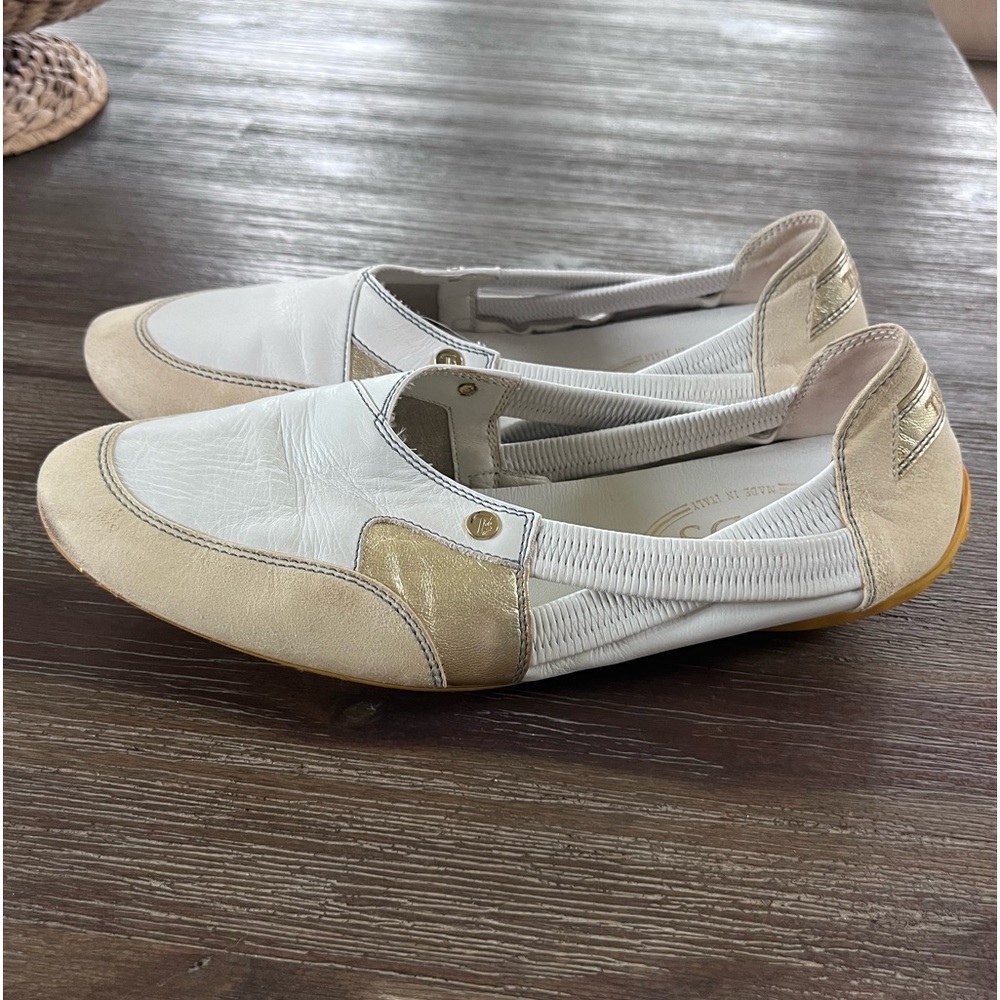 Tod's Ballet 7/8 Slip on Sneaker Driving Loafer Flat Stretch White Tan Gold